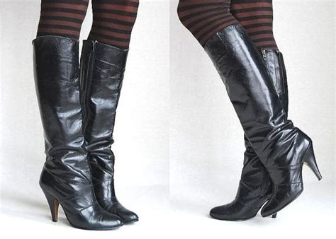 1980s Vinyl Leather Boots Vintage 80s Black Knee High Zip Up Boots