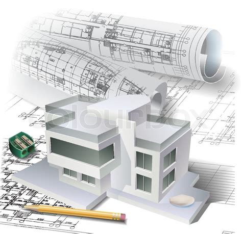 Architectural Background With A 3d Building Model And Rolls Of Drawings