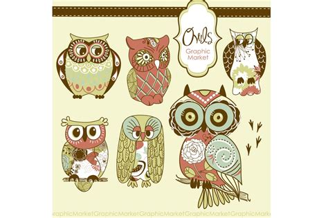 Woodland Owls Retro Clip Art Illustrations Creative Market