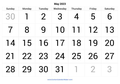 May 2023 Calendar Printable With Large Numbers