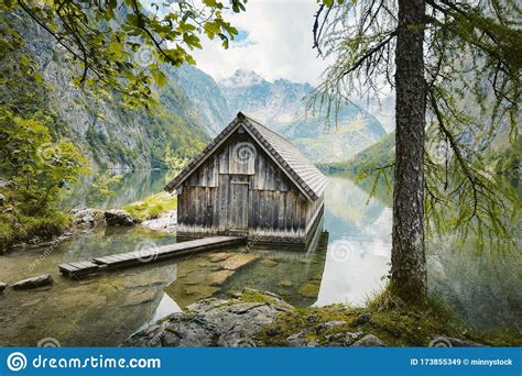Old Boat House At Lake Obersee In Summer Bavaria Germany Stock Image