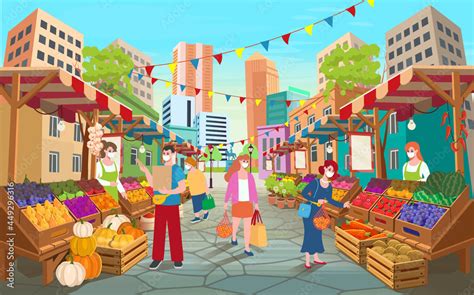 Organic Food Market Street With People Food Market Stalls With Fruits