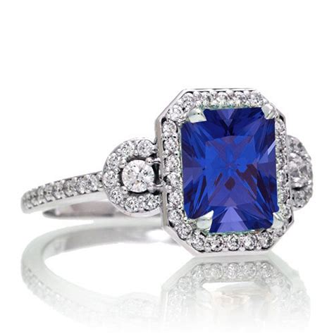 Carat Emerald Cut Three Stone Sapphire Halo Diamond Ring On K White Gold JeenJewels