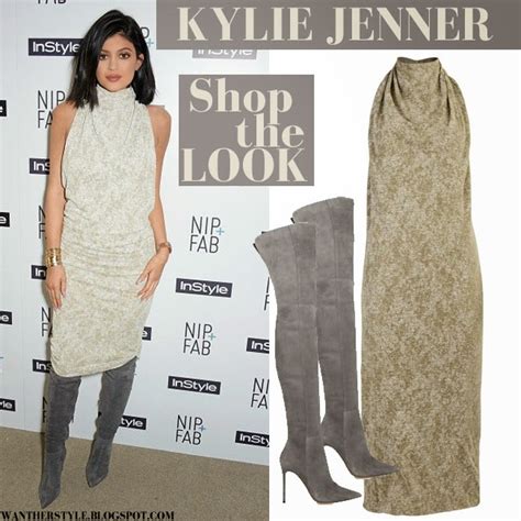 What She Wore Kylie Jenner In Gold Sleeveless High Neck Dress And Grey