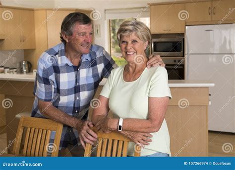 Senior Beautiful Middle Age Couple Around 70 Years Old Smiling H Stock