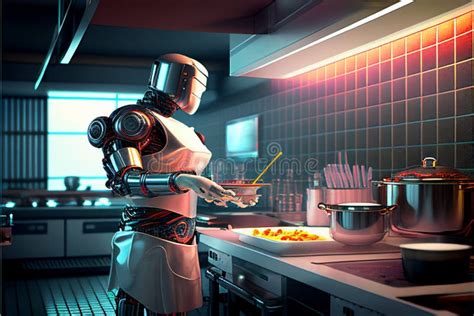 Humanoid Robot Cooking In Futuristic Kitchen Delicious Food Future