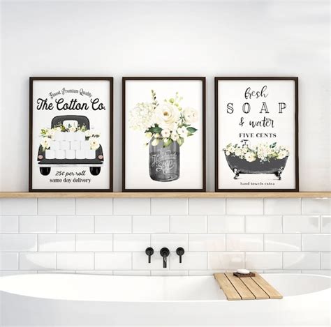 Set Of 3 Black And White Bathroom Wall Art The Cotton Co Truck Etsy