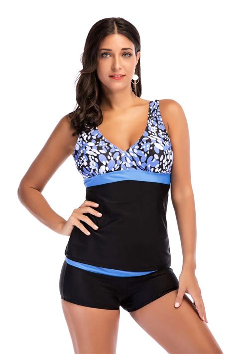 Plus Size Printed Patchwork Slim Tankini Sets Swimwear For Women Sexy