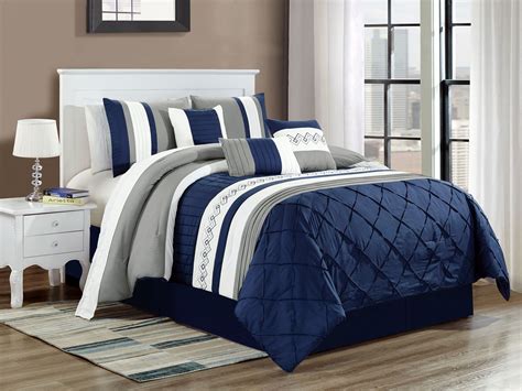 This timeless and always fresh, a slate blue and gray on white shirting stripe is a simple and stylish full/queen comforter set includes: 11-Pc Riya Diamond Meander Greek Key Pleated Stripe ...