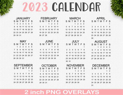 2023 Mini Calendar Overlays 12 Months 2 Inch Individual Png Etsy