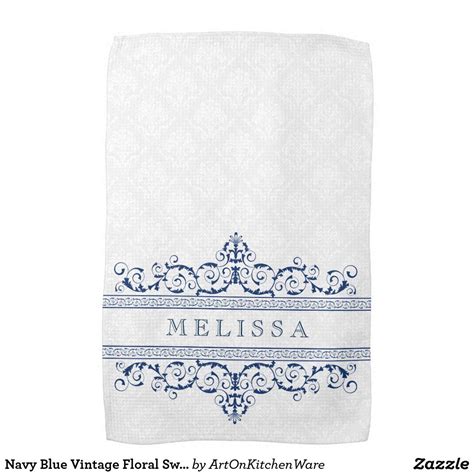 Navy Blue Vintage Floral Swirls Frame Kitchen Towel