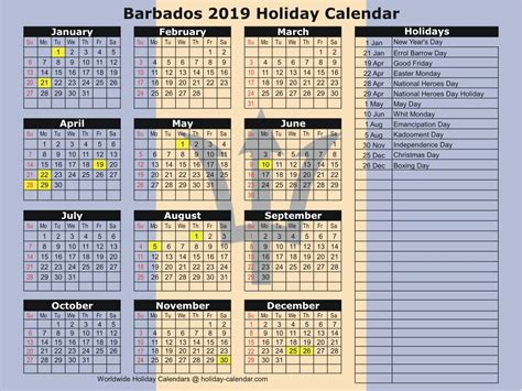 2020 Calendar Barbados Calendar Printable Free