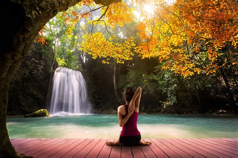 Waterfall View Women Performing Yoga Wallpaper 2048×1365 Nature