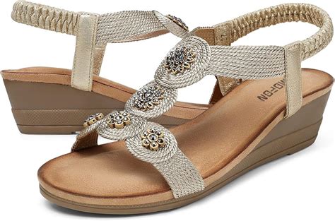 Amazon Com TEMOFON Wedge Sandals For Women Elastic Ankle Strap Bohemian Wedge Sandals Causal