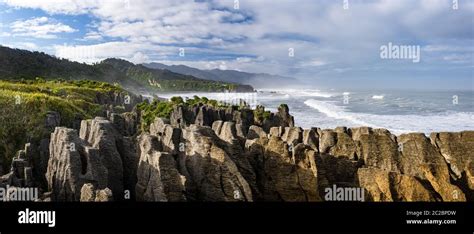 A Panoramic View Of The Famous Pancake Rocks At Punakaiki On The West