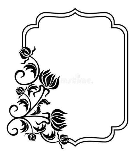 Black And White Frame With Flowers Silhouettes Raster Clip Art Stock