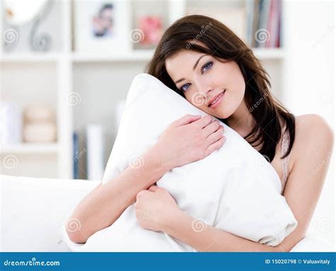 Woman With Pillow At Home Stock Photo Image Of Face 15020798