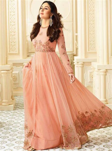 Kareena Kapoor Peach Georgette Floor Length Anarkali Suit 112254 Dresses Bollywood Dress