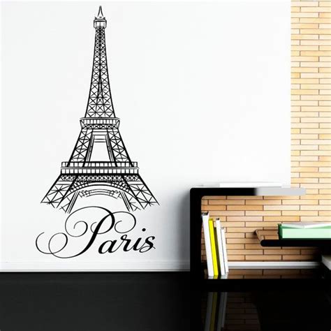 The Eiffel Tower Wall Decal Is In Black And White With Paris Written On It