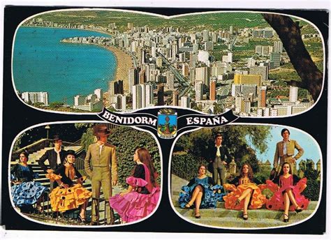 Spain Postcard Benidorm Panoramic View Colorful Costumes