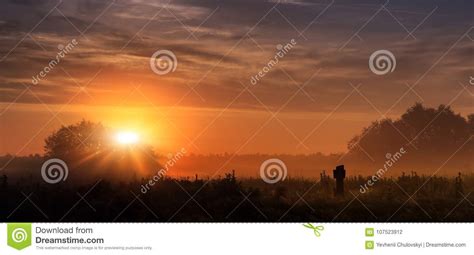 Wonderful Dramatic Scene Fantastic Foggy Sunrise Over The With