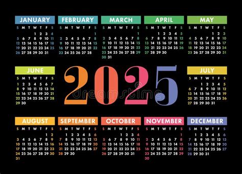 Calendar 2025 Year English Colorful Vector Horizontal Wall Or Pocket