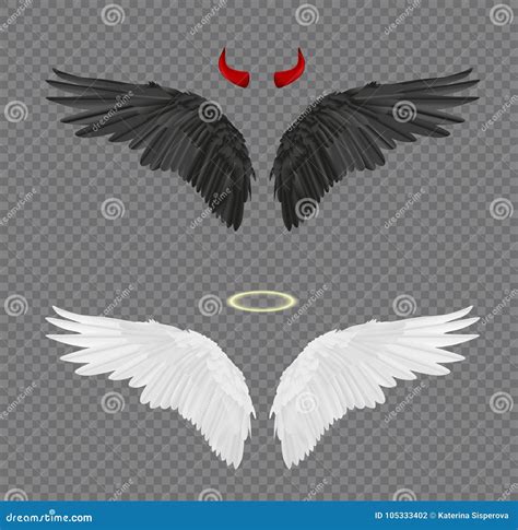 Set Of Angel And Devil Realistic Wings Horns And Halo Isolated Stock