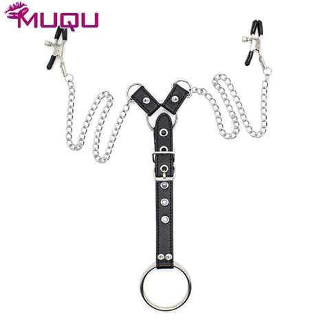 Leather Nipple Clamps Penis Ring Metal Chain With Cockring Sex Toys For Men Bdsm Sex Adult