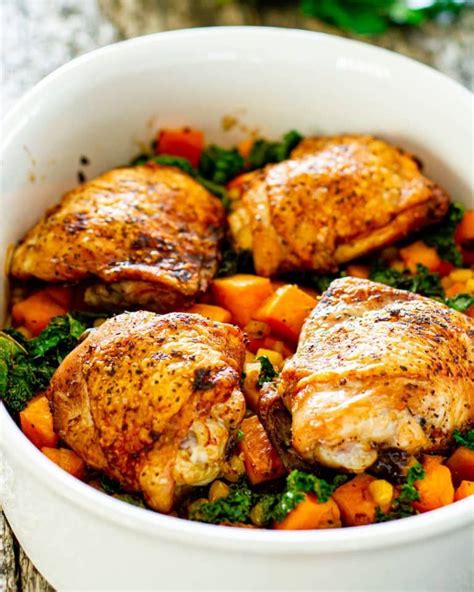 These Chicken Thighs With Sweet Potatoes And Kale Bake Make For A