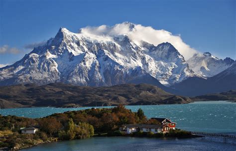 Patagonia Chile Sky Clouds Mountains Snow Lake House Trees