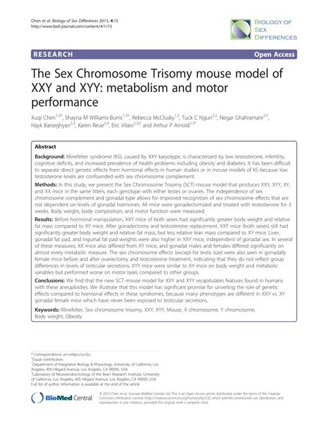 Pdf The Sex Chromosome Trisomy Mouse Model Of Xxy And Xyy Metabolism And Motor Performance