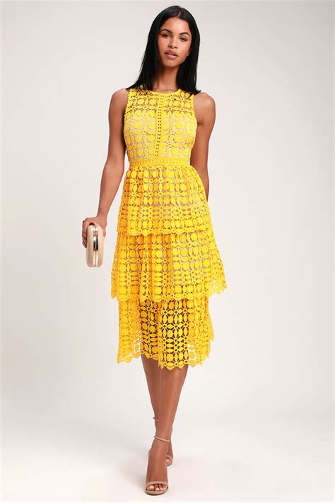 Yellow Dress Crochet Lace Dress Sleeveless Midi Dress Lulus