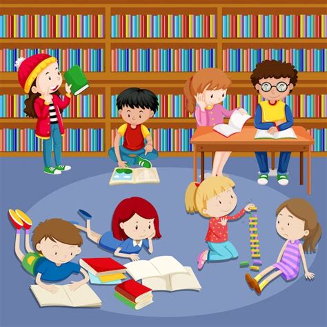 Muchos Niños Leyendo Libros En La Biblioteca Vector Premium