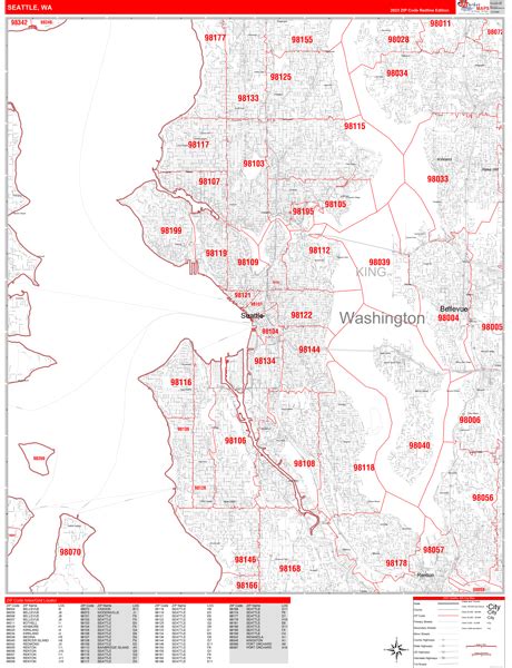 Seattle Washington Zip Code Wall Map Red Line Style By Marketmaps