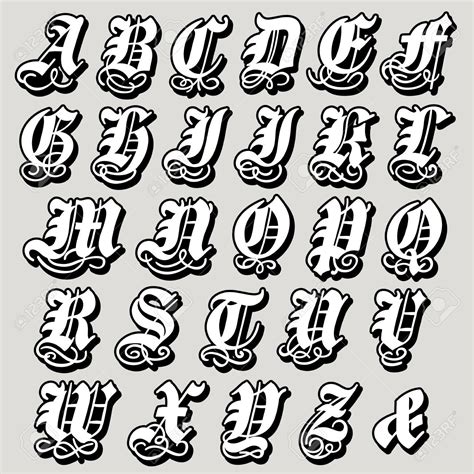 Complete Uppercase Gothic Alphabet In A Bold Black Doodle With Stock