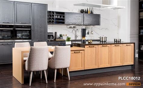 Try some of the colors mentioned for white, gray, oak or cherry cabinets or try something more bold like bamboo green granite, imperial red granite or bristol blue quartz. Transitional Style Red Oak Straight-Line Kitchen with Island PLCC18012 | Grey kitchen cabinets ...