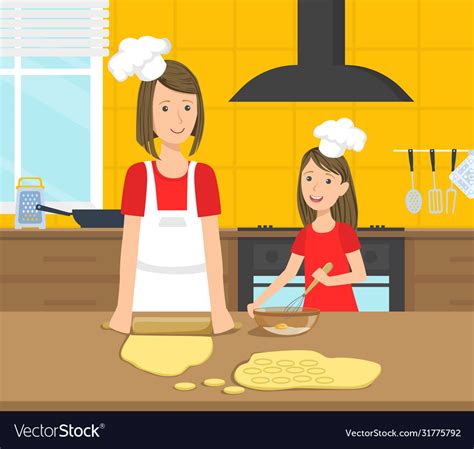 Mother And Her Daughter Cooking Food In The Vector Image