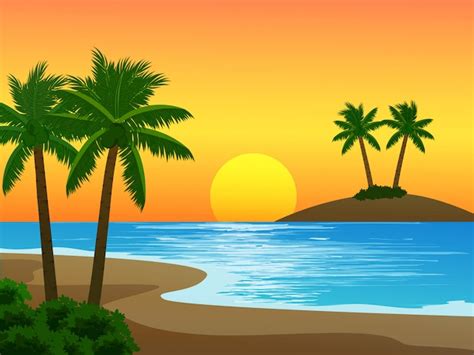 Paisaje De Puesta De Sol De Playa Tropical Vector Premium