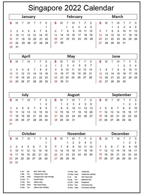 Printable Singapore 2022 Calendar With Holidays Pdf