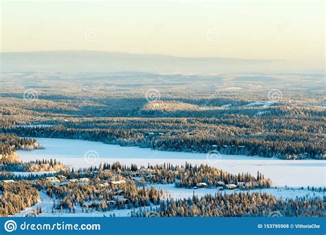 Frozen Lake And Snowy Forest Beautiful Winter View In Finland Ruka