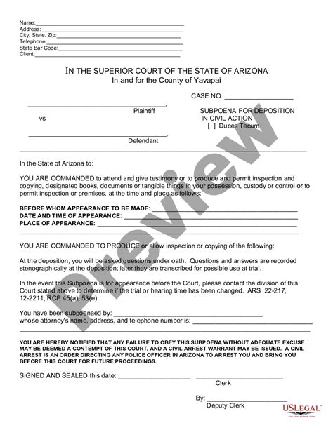 Subpoena For Deposition In Arizona For Use In An Civil Action Pending