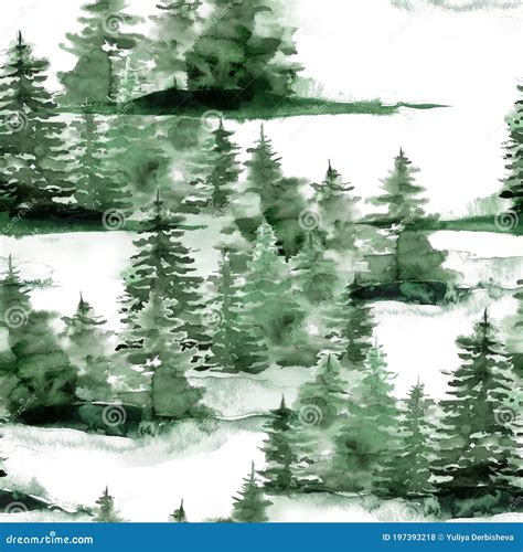 Watercolor Christmas Seamless Pattern With Winter Green Forest Hand