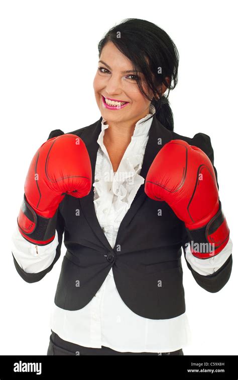Happy Smiling Business Woman Wearing Boxing Gloves Isolated On White