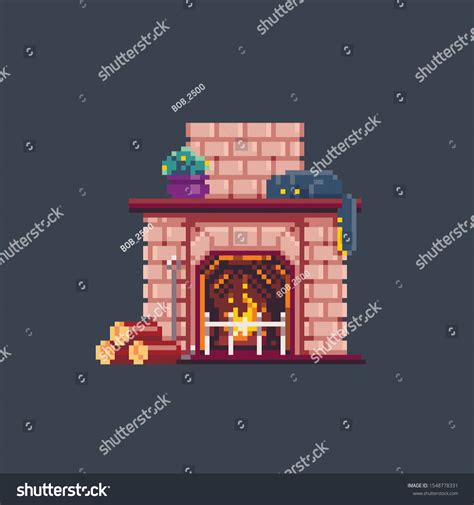 Cute Brick Fireplace Pixel Art Style Vetor Stock Livre De Direitos