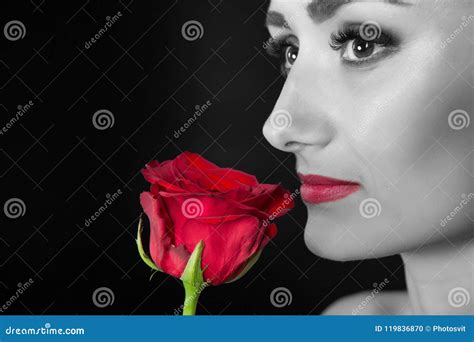 Woman With Red Lips Makeup Hold Rose Beauty With Flower Sensual