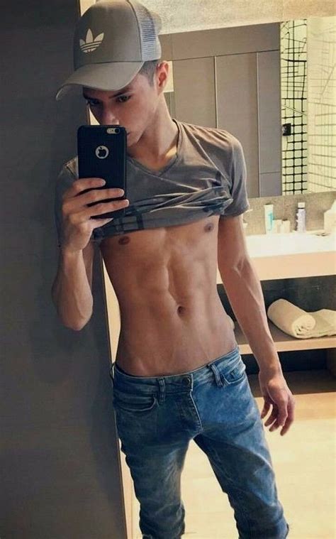 Shirtless Male Hot Guy Lifted Up Shirt Abs In Jeans Selfie
