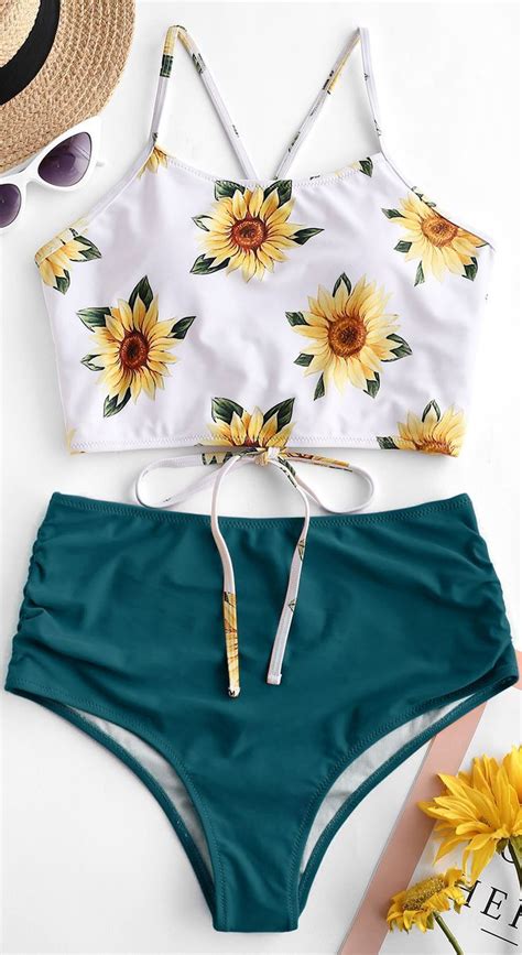 2019 Crisscross Ruched Sunflower Tankini Set Womens Swimsuits Bikini