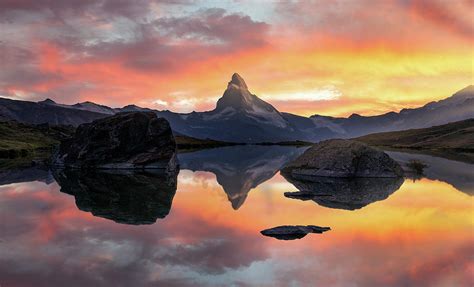 Matterhorn Or Cervino Reflection On Lake Stellisee In Zermatt In The