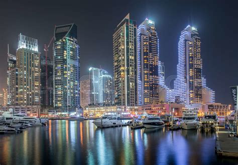 Dubai Marina Skyscrapers During Night Hours Stock Image Colourbox