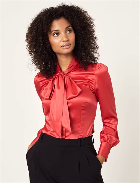 Womens Red Fitted Luxury Satin Blouse Pussy Bow Hawes And Curtis